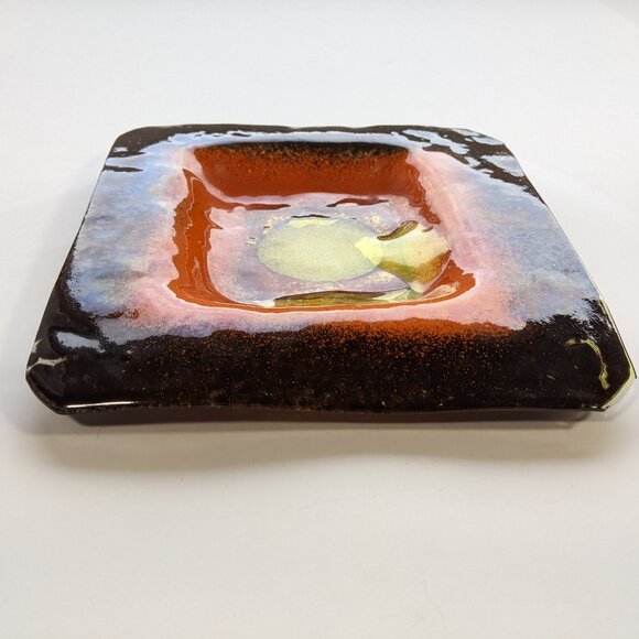 Mid Century Modern orange brown yellow Square Glass Dish for vintage credenza - Picture 3 of 8